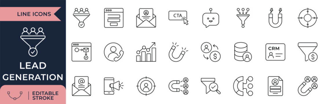 Lead Generation, Sales Funnel, CRM, and B2B Marketing Strategy Line Icon Set