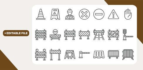 Road block and pedestrian barrier editable stroke thin linear outline icons set isolated on white background flat vector illustration. © Kingko