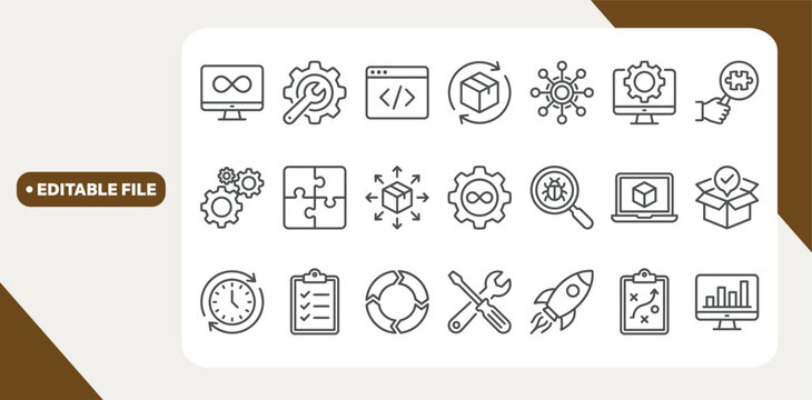 DevOps development and operations concept editable stroke outline icons set isolated on white background flat vector illustration.