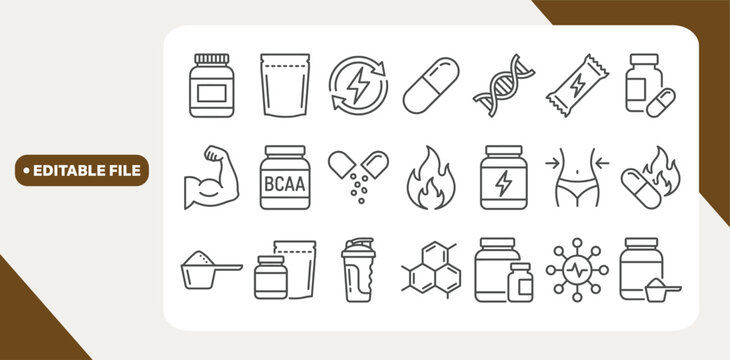 Sport supplements and fitness nutrition editable stroke outline icon isolated on white background flat vector illustration.