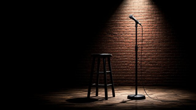 Microphone and stool under spotlight on empty brick stage