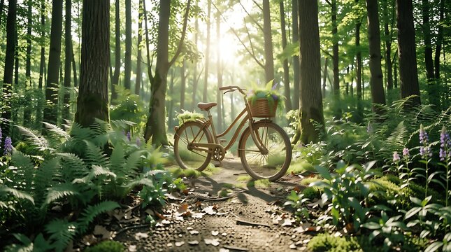 Vintage bicycle with flower basket parked on a sunlit forest path