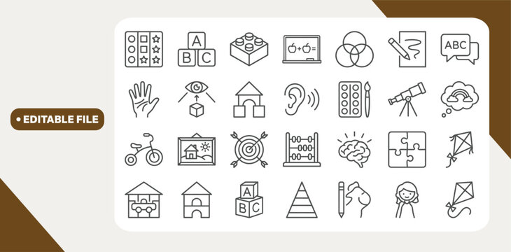 Preschool abilities and child development related editable stroke outline icons set isolated on white background flat vector illustration.