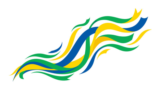 Abstract wave lines in brazil flag colors, green yellow and blue flowing ribbons