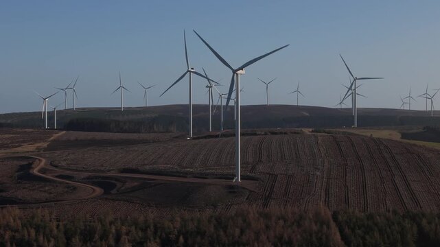 Aerial view of Crystal Rig Wind Farm with numerous wind turbines standing on rolling hills and agricultural fields under a clear blue sky in Dunbar, Scotland, United Kingdom.