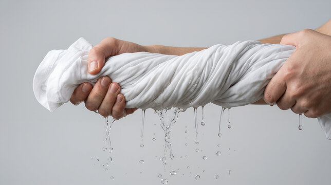 Wet t-shirt wrung out. Wrung out t-shirt dripping water. Laundry wringing wet shirt