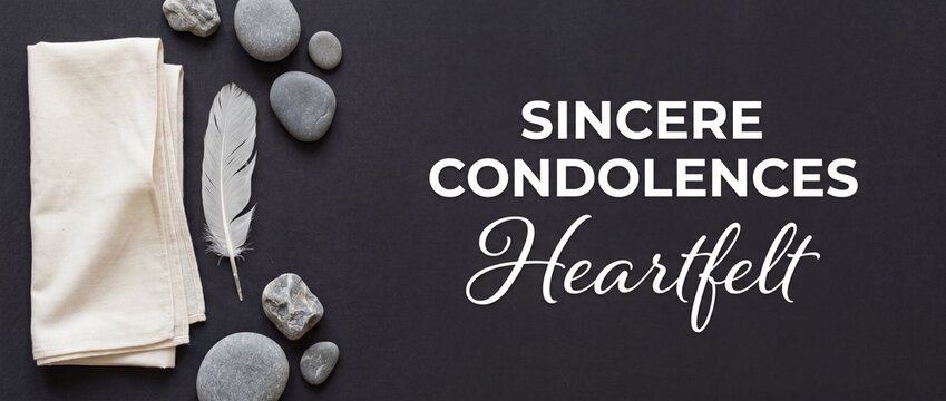 Sympathy condolence card background white feather and smooth zen stones on dark textured paper, sincere condolences heartfelt typography banner for funeral, mourning, and loss comforting support