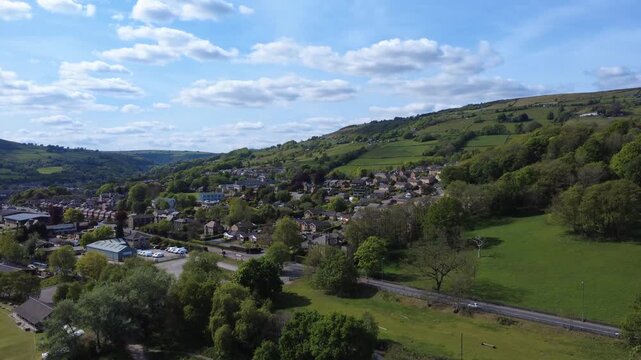 aerial view of the village of mytholmroyd in west yorkshire surrounded by calder valley scenery