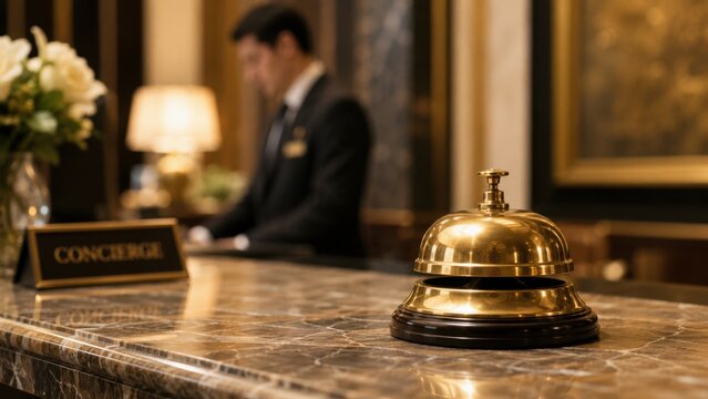 Hotel concierge bell sitting on marble reception desk