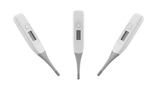 Set of 3 multi-angle views of digital premium medical thermometer rigid tip fever monitor clinical temperature tester, transparent background, PNG