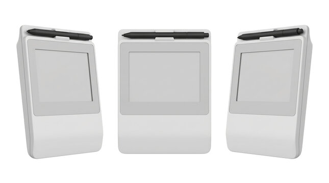 Set of 3 multi-angle views of digital payment checkout POS terminal machine credit card reader layout, transparent background, PNG