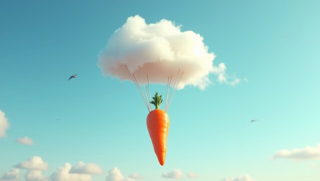 Carrot suspended from a cloud with parachute strings against a blue sky, whimsical illustration depicting a surreal and imaginative concept of floating vegetables