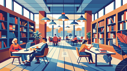 Illustration Scene of Quiet Modern City Library Interior with People Reading and Studying © MDAKRAM
