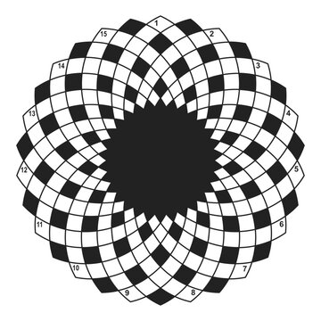 Crossword. Circular crossword puzzle template with 30 words, filled in clockwise and counterclockwise, 15 words in each direction. Vector illustration. Symmetrical puzzle about vertical and horizontal