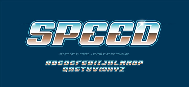 Y2k Font Type set of Bold Chrome Letetrs in Racing sport style dynamic typography in shiny metallic texture for racing sport signs and Sportswear apparel print design - editable vector template