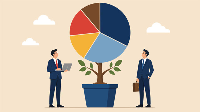 Business professionals analyzing a colorful pie chart tree vector illustration for corporate growth and development strategy