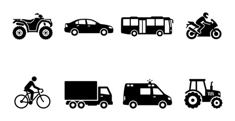 Naklejka premium 8 Silhouette Icons of Transportation Vehicles and People, Flat Style, for Travel and Logistics Concepts