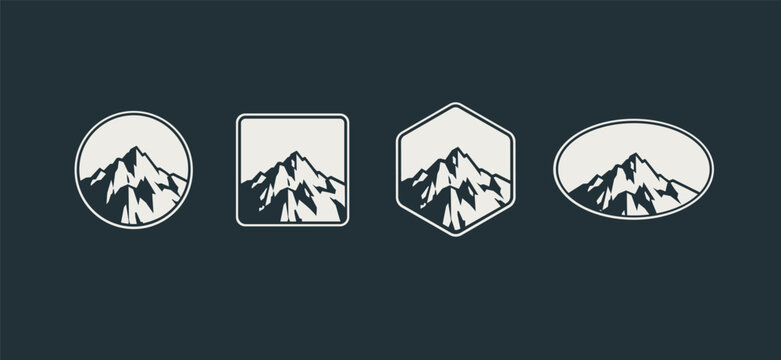 Mountain Peak signs set in round, square, oval geometric shape frame design for Logo template, Outdoor Camping patch and apparel prints, hiking and climbing emblem - editable vector (part 3)