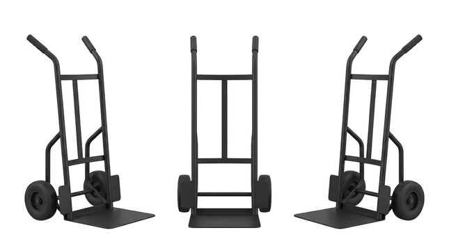 Set of 3 multi-angle views of industrial heavy-duty hand truck two-wheel warehouse barrow dolly, transparent background, PNG
