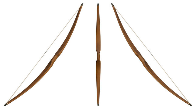 Set of 3 multi-angle views of traditional medieval wooden longbow archer weapon, transparent background, PNG