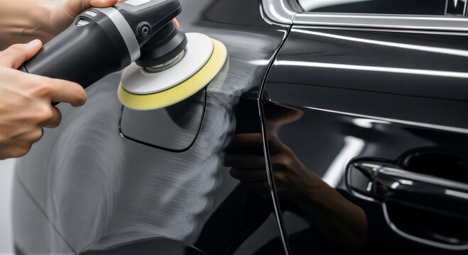 Closeup of a professional car detailer using a rotary polisher to buff and polish the black paint of a luxury vehicle