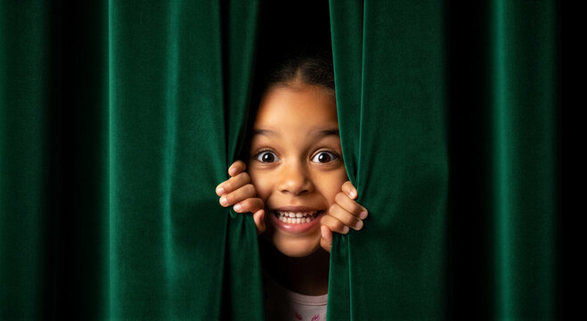 Excited young girl peeking through green stage curtains, looking at the camera with a wide, joyful smile and wide eyes, theatrical concept