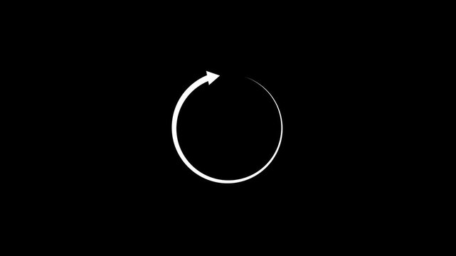 White Rotating Arrow Animation with Circular Refresh Loop Motion Graphic on Isolated Black Background for Loading Progress and Buffering Status Concepts.