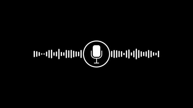 Minimalist White Microphone Icon Animation with Dynamic Audio Sound Waveform Spectrum on Isolated Black Background for Voice Assistant, with 4k video animation.