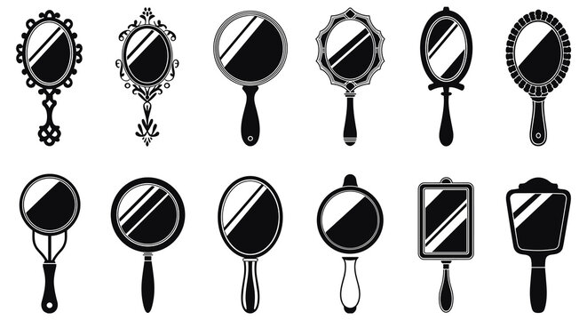 Vintage Hand Mirror Vector Collection with Antique Baroque Frame Silhouettes for Beauty Salon Logos, Vanity Decor and Fashion Graphics