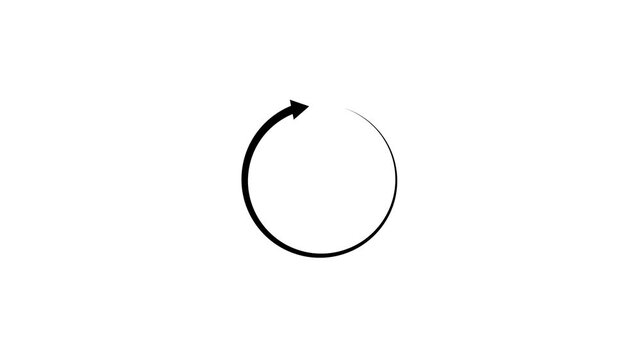 Black Rotating Arrow Animation with Circular Refresh Loop Motion Graphic on Clean White Background for Loading Progress.