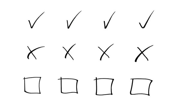 Hand-Drawn Checkmark Cross And Empty Checkbox Icons On Transparent PNG Background
