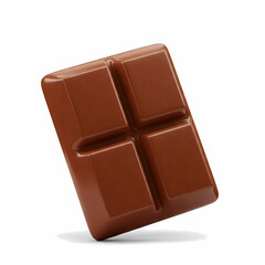 Fototapeta premium Glossy 3D milk chocolate square piece isolated on white for dessert packaging and bakery menu