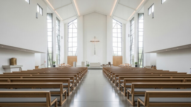 Clean and contemporary interior of a church with rows of wooden pews leading to a cross. The architecture features high ceilings