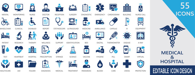 Medical and Hospital solid icon set with clinics, surgery, stethoscope, patient, pharmacy, ambulance, medical equipment, and healthcare symbols. © Nagma