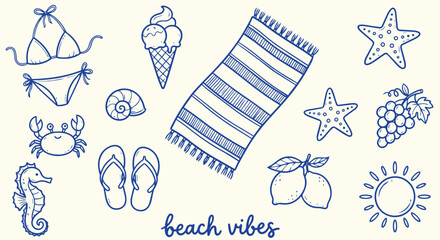 Beach Themed Summer Vacation Doodle Set with Starfish Shells Crab Seahorse and Coastal Elements © jonty