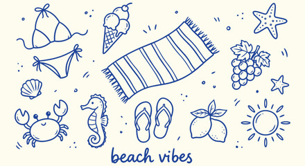 Beach Vibes Doodle Collection with Summer Vacation Seaside Travel and Tropical Elements © jonty
