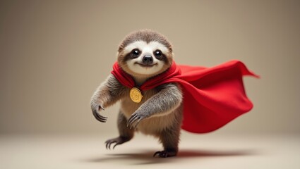 Fototapeta premium Cartoon sloth character wearing a red cape and gold medal, posing playfully against a neutral background, showcasing a whimsical and imaginative design