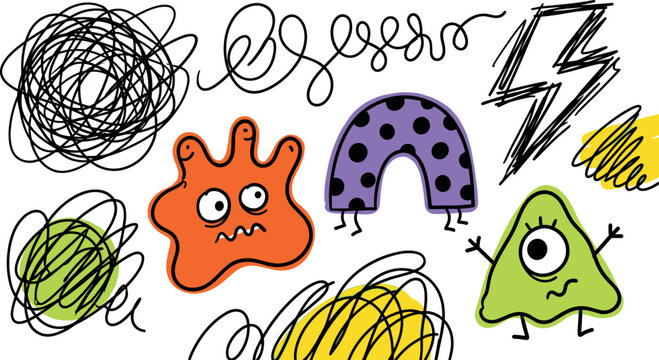 Cute Cartoon Monster Character Doodle Set with Quirky Blob Aliens, Abstract Scribble Tangles, Lightning Bolt, and Polka Dot Arch Elements for Sticker Designs