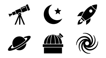 Astronomy and Space Exploration Vector Icons, Celestial Objects and Scientific Tools, Black Silhouette Graphics © ImageScape