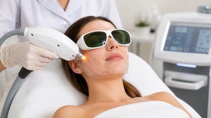 Naklejka premium Woman receiving laser skin treatment in medical spa