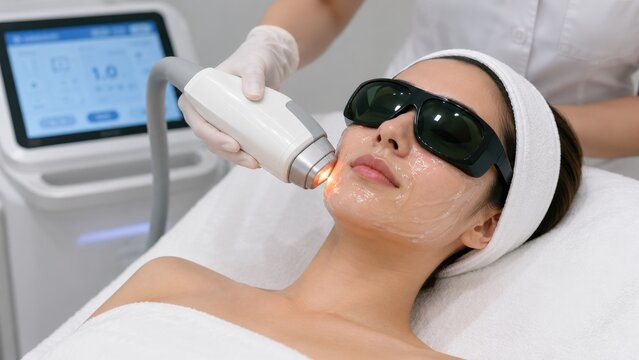 Woman undergoing facial laser treatment on clinic bed