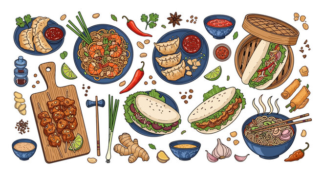 Collection of delicious Asian street food dishes