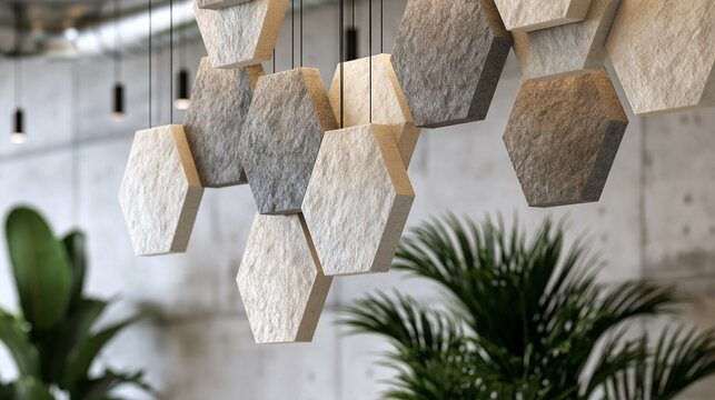 Medium shot of floating hexagonal acoustic ceiling baffles in soft grey and beige showcasing a sleek gradient design with blurred concrete walls and lush plants in background