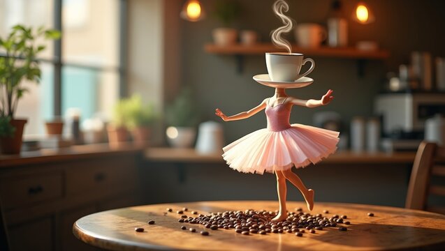 Ballerina figure with a coffee cup for a head dances on a wooden table surrounded by coffee beans in a cozy kitchen setting with warm lighting