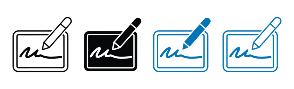 Digital signature icon vector set featuring electronic document signing symbols with pen in outline and solid styles for contracts and approval systems.