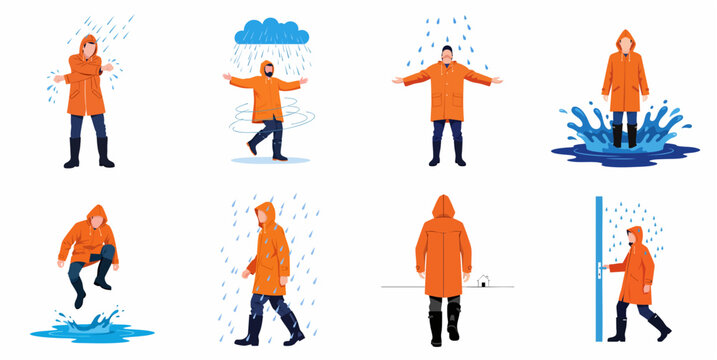Set of vector illustrations of a man wearing an orange raincoat and boots, dancing, jumping in puddles, and walking in the rain