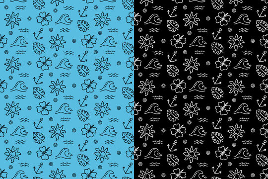 Tropical summer seamless pattern doodle on blue black background set. Beach vacation repeat pattern minimal style for wrapping and fabric. Ocean and tropical hand drawn seamless background for summer