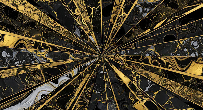 Abstract luxury background with black and gold marble texture in a sunburst radial pattern