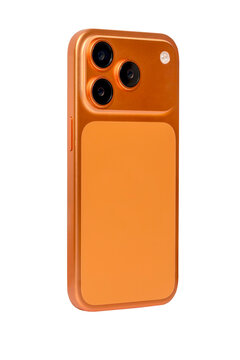 Orange Smartphone With Slim Protective Case and Triple Camera On Transparent Background