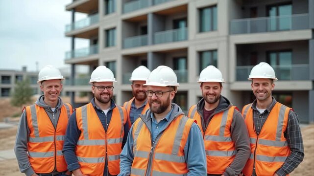 Group of six male construction workers wearing orange safety vests and white hard hats pose together in front of a modern building under construction with a clear sky